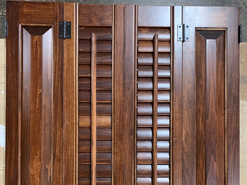 Brownstone shutters from Americana DeVenco with raised panel and Victorian louvered